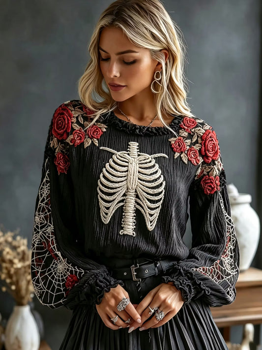 Women's Retro Halloween Bone And Floral Art Embroidery Round Neck Top