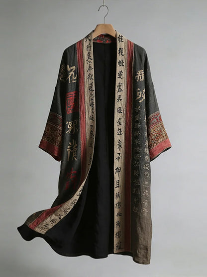 Men's Japanese Retro Calligraphy Art Print Kimono Cardigan