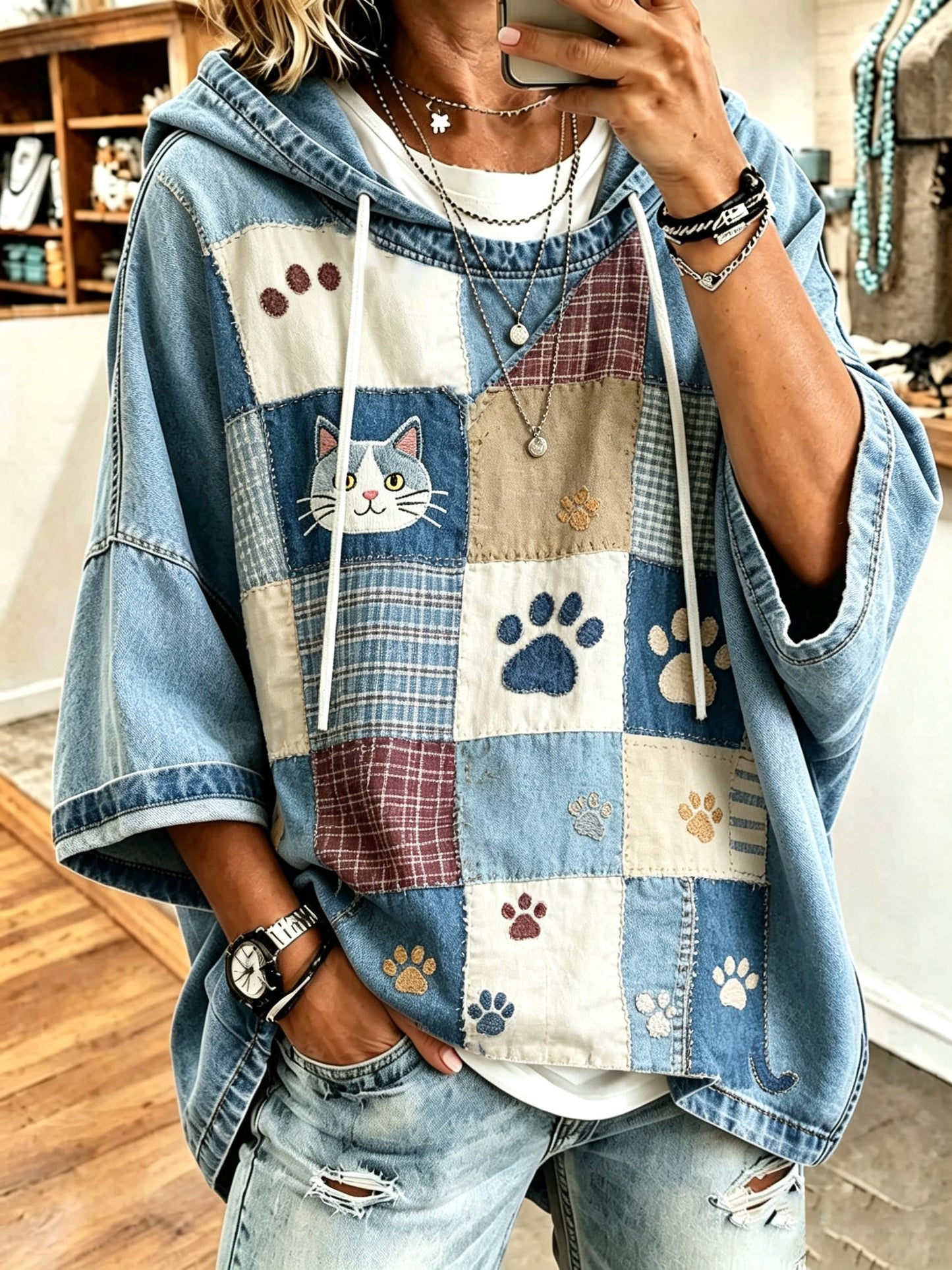 Women's Lovely Cat Patchwork Art Printing Casual Top