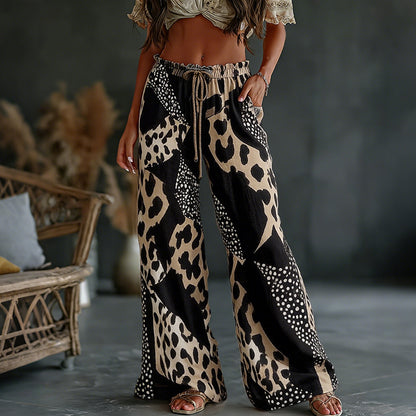 Women's Vintage Leopard And Animal Patchwork Art Print Flowy Linen Blend Casual Pants