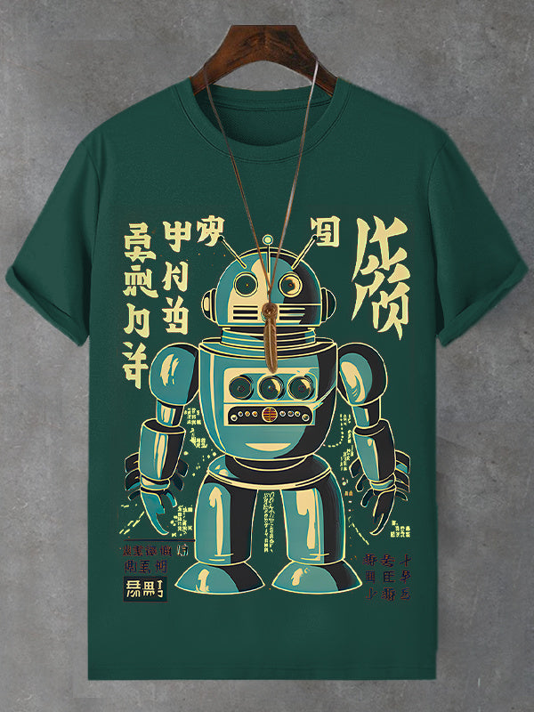 Men's Retro Robot Japanese Art Print Cotton Casual T-Shirt