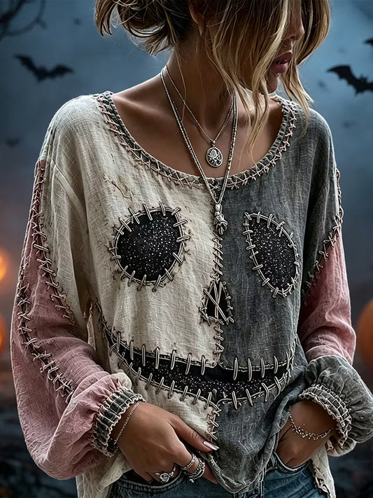 Women's Retro Halloween Spooky Smiley Face Color Block Casual Linen Shirt