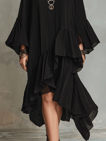 Elegant Asymmetric Ruffle Black Boho Midi Dress