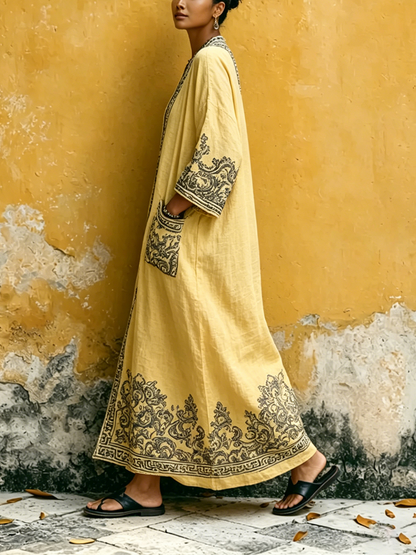 Bohemian Vintage-print Cotton-linen Maxi Dress