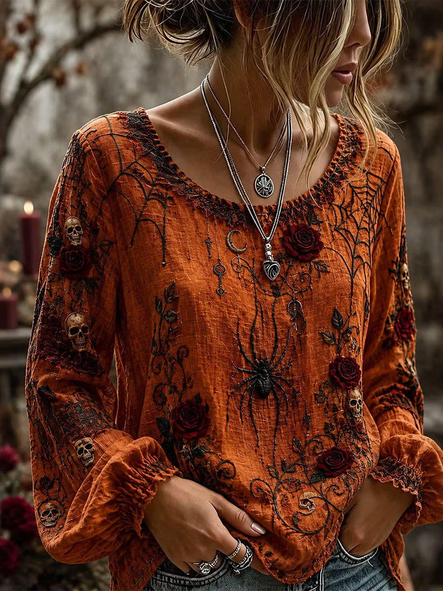 Women's Skull Rose Spiderweb Design Round Neck Cotton Linen Long Sleeve T-shirt