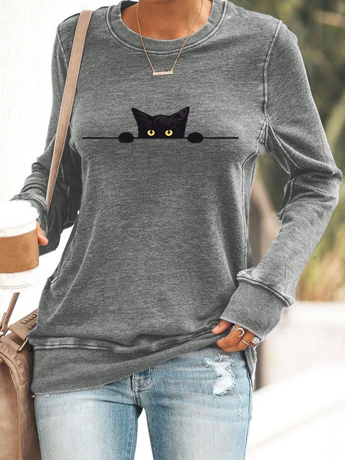 Women's Cat Printed Crew Neck Sweatshirt