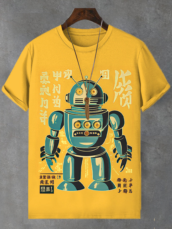 Men's Retro Robot Japanese Art Print Cotton Casual T-Shirt