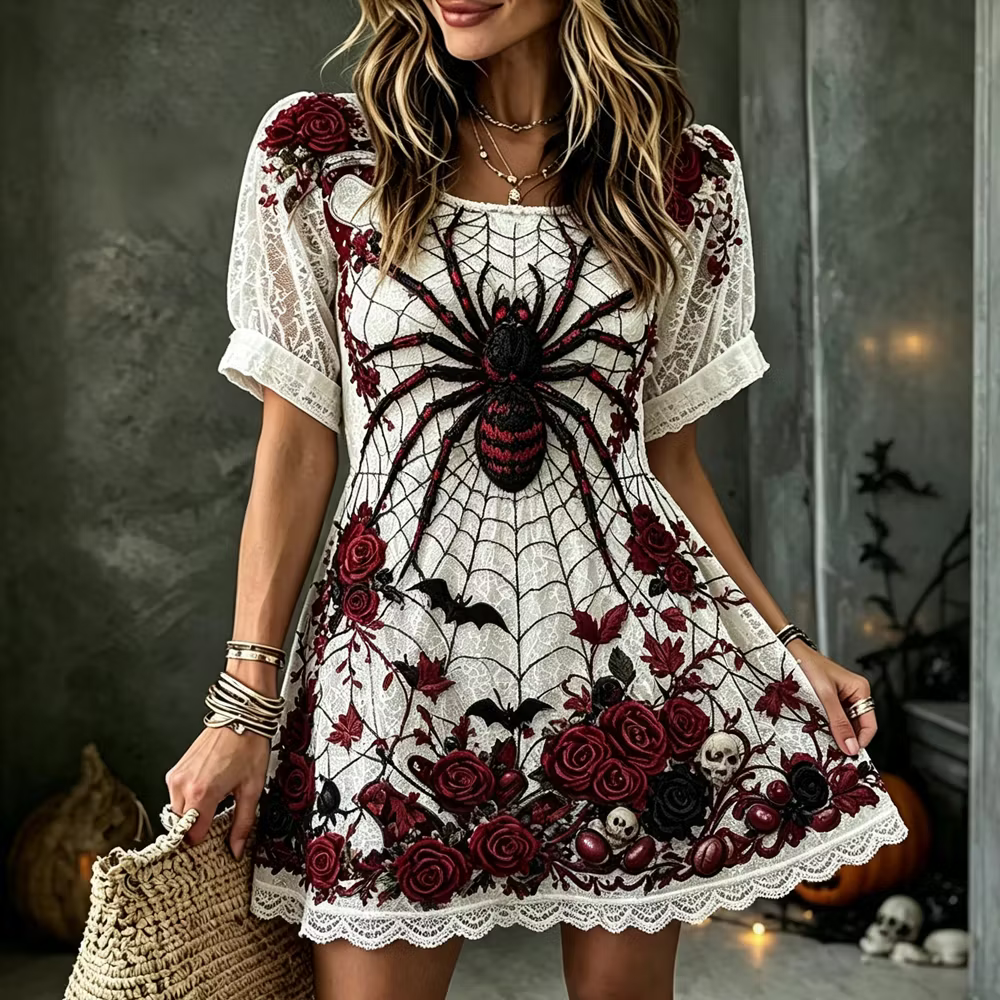Women's Gothic V-neck Short-sleeved Mini Dress, Adorned With 3d Spider, Rose And Skull Patterns.