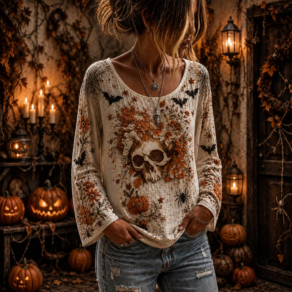 Women's Halloween Spooky Skull, Spiderweb & Pumpkin Long-sleeve Top