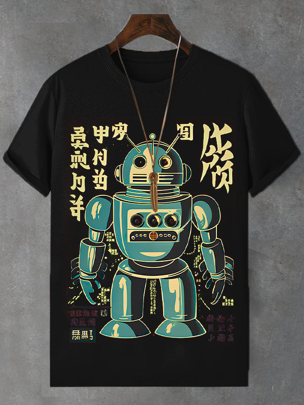 Men's Retro Robot Japanese Art Print Cotton Casual T-Shirt