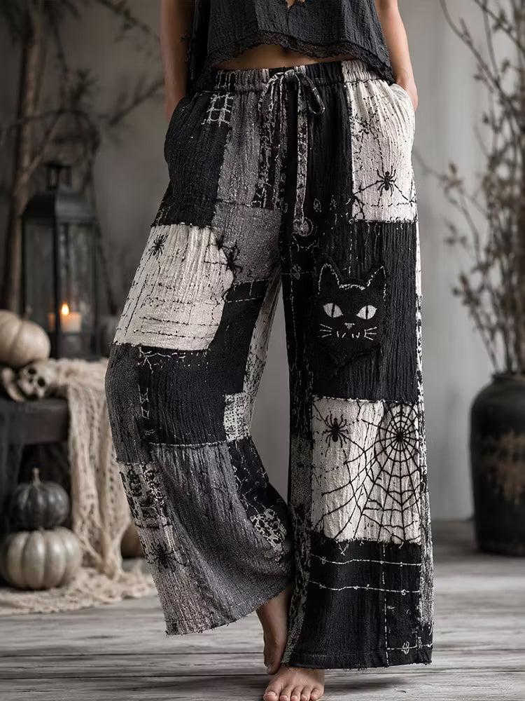 Women's Halloween Retro Black Cat And Spider Color Block Cotton Linen Trousers