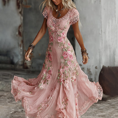 Women's Bohemia Rose Floral Embroidered Art Flowy Maxi Dress
