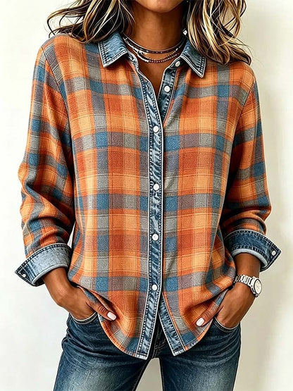 Women'S Casual Denim Patchwork Plaid Shirt
