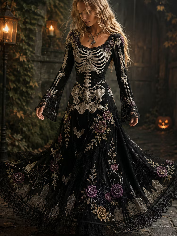 Women's Halloween Gothic Black Skeleton & Floral Lace Long-sleeve Maxi Dress