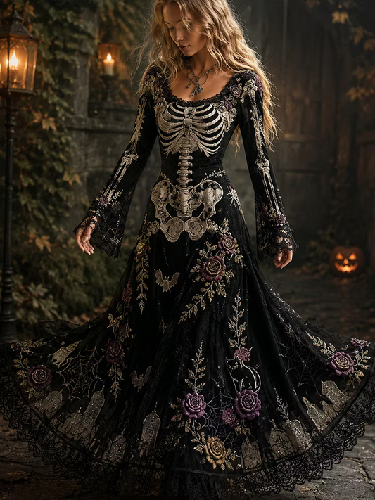 Women's Halloween Gothic Black Skeleton & Floral Lace Long-sleeve Maxi Dress