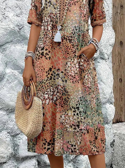 Women's Short Sleeve Summer Leopard Lace Dress V Neck Daily Going Out Casual Knee Length A-Line Khaki