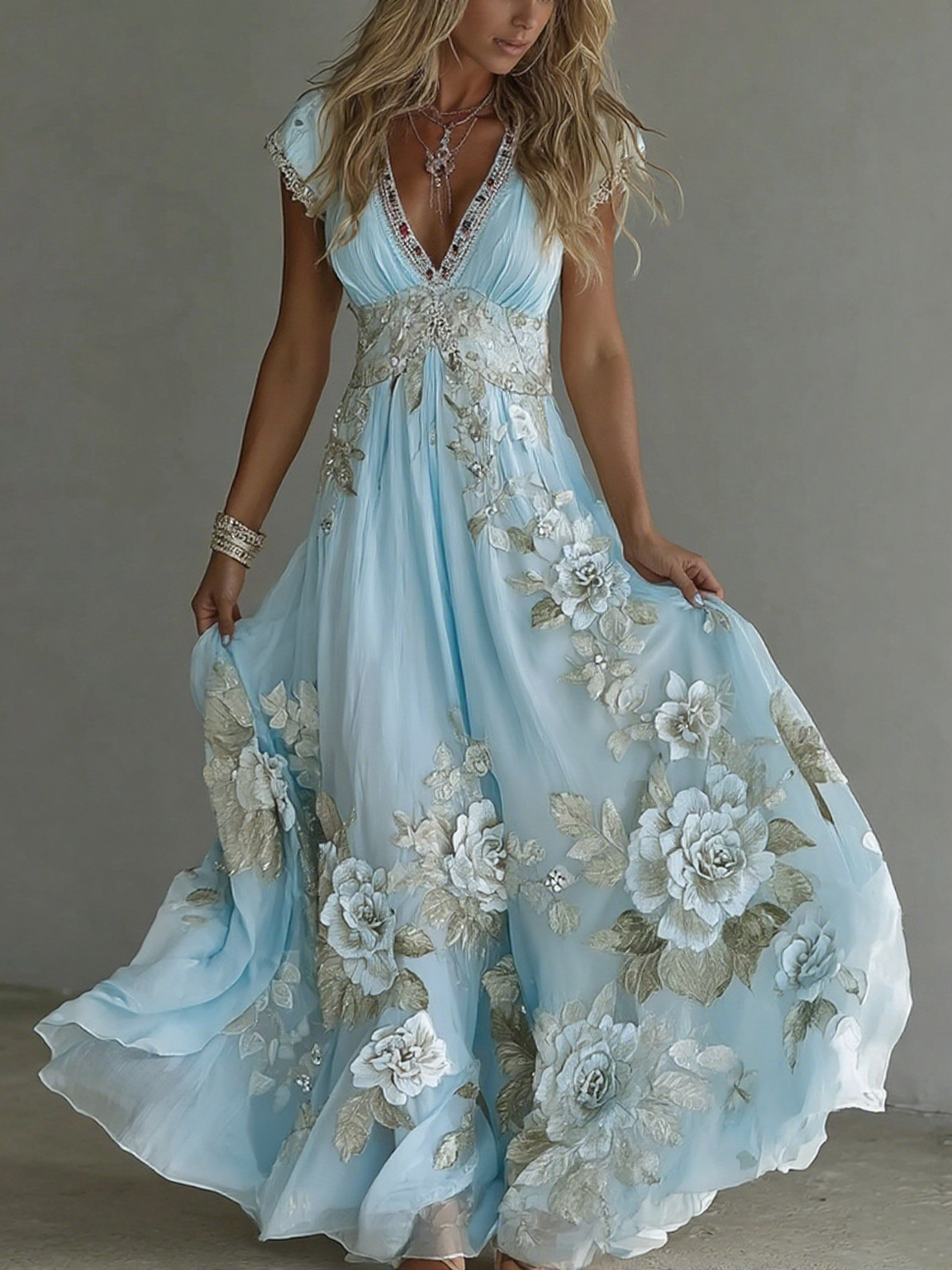 Women's Vintage Boho Floral Art  Short-sleeved Maxi Dress