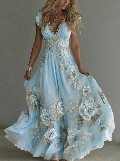 Women's Vintage Boho Floral Art  Short-sleeved Maxi Dress