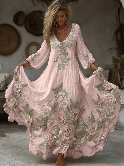 Women's Vintage Pink Floral Embroidery Art Comfy Linen Maxi Dress