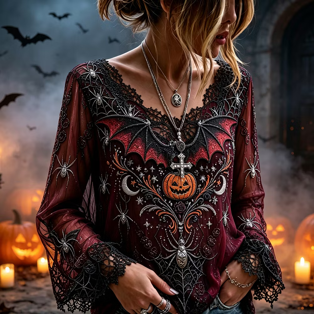 Women's Gothic V-neck Long-sleeved Blouse, Decorated With Pumpkin Lanterns, Bat Wings And Spider Web Patterns.