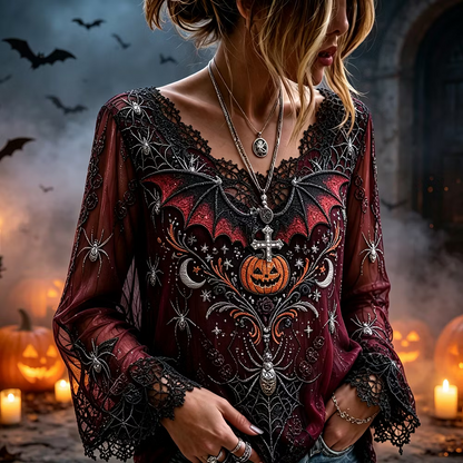 Women's Gothic V-neck Long-sleeved Blouse, Decorated With Pumpkin Lanterns, Bat Wings And Spider Web Patterns.