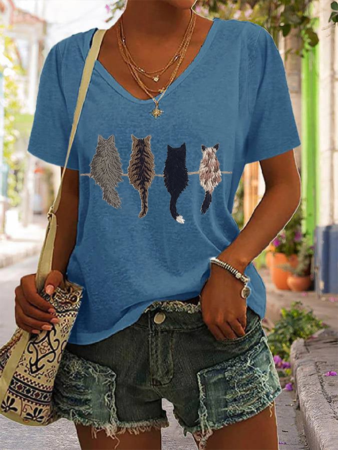 Women's Cat Back Print V-Neck T-Shirt