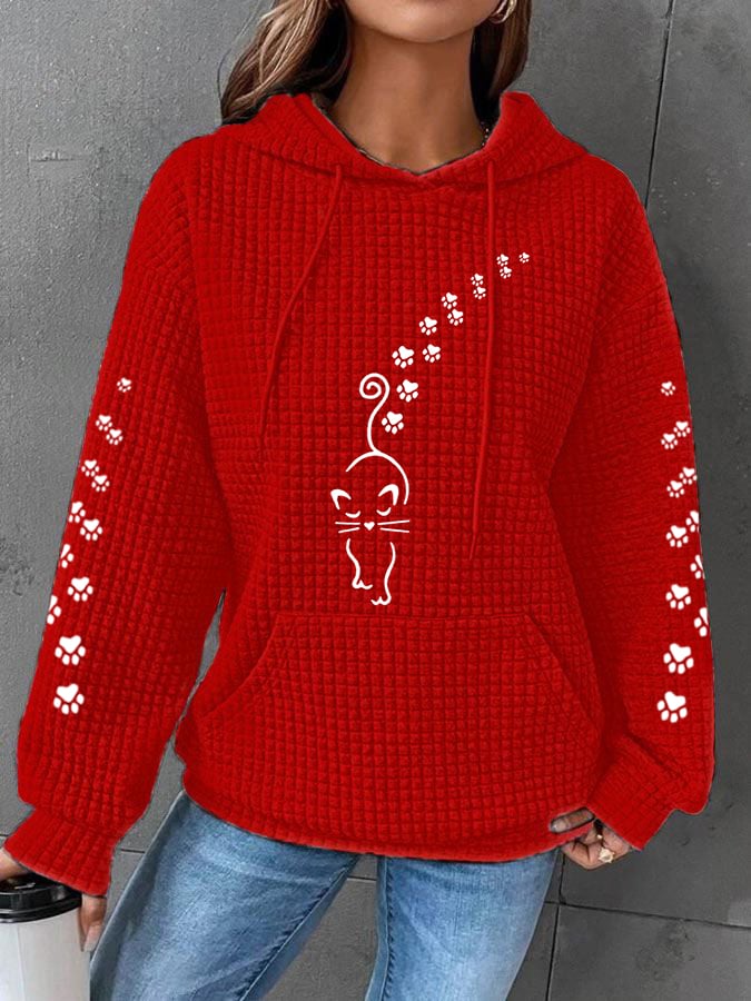 Women's Cute Cat Paw Print Cat Lovers Casual Waffle Hoodie