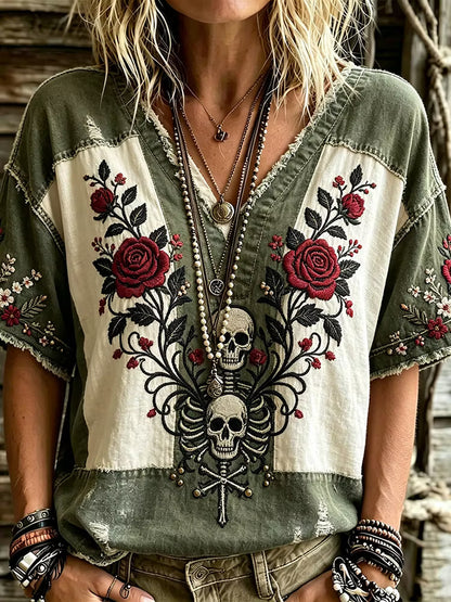 Color Block Green White Patchwork Boho Gothic Skull Rose Floral Embroidery Distressed T Shirt