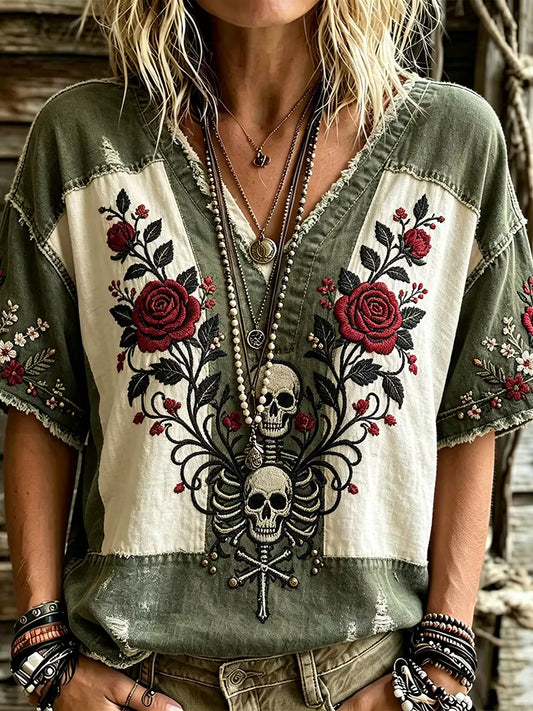 Color Block Green White Patchwork Boho Gothic Skull Rose Floral Embroidery Distressed T Shirt