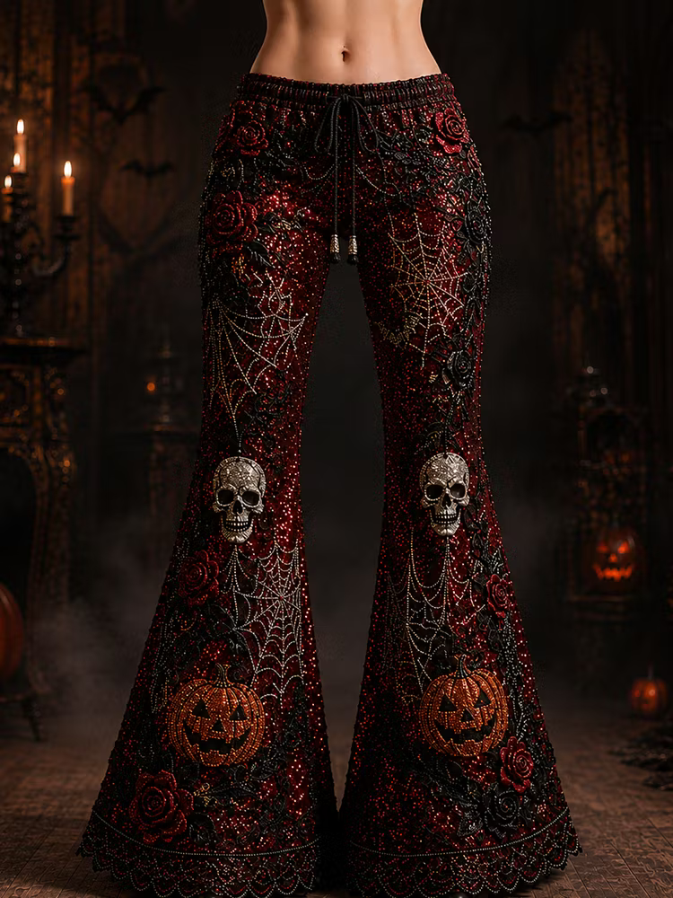 Women's Halloween Sparkly Sequin Skull & Pumpkin Bell-bottom Pants
