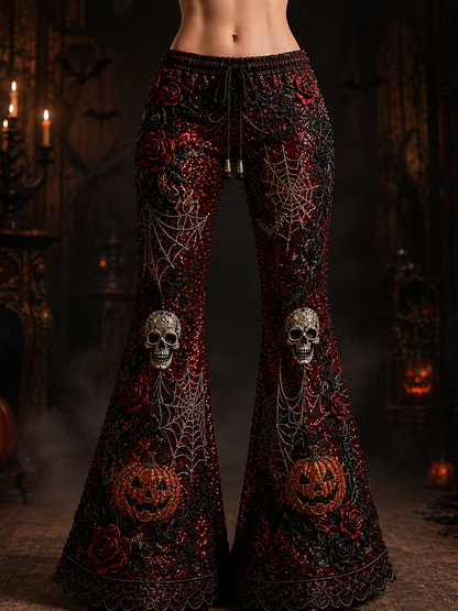 Women's Halloween Sparkly Sequin Skull & Pumpkin Bell-bottom Pants