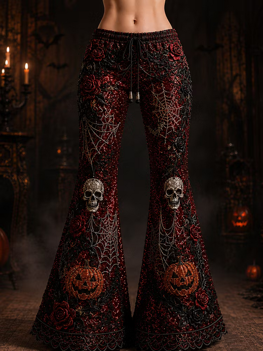 Women's Halloween Sparkly Sequin Skull & Pumpkin Bell-bottom Pants