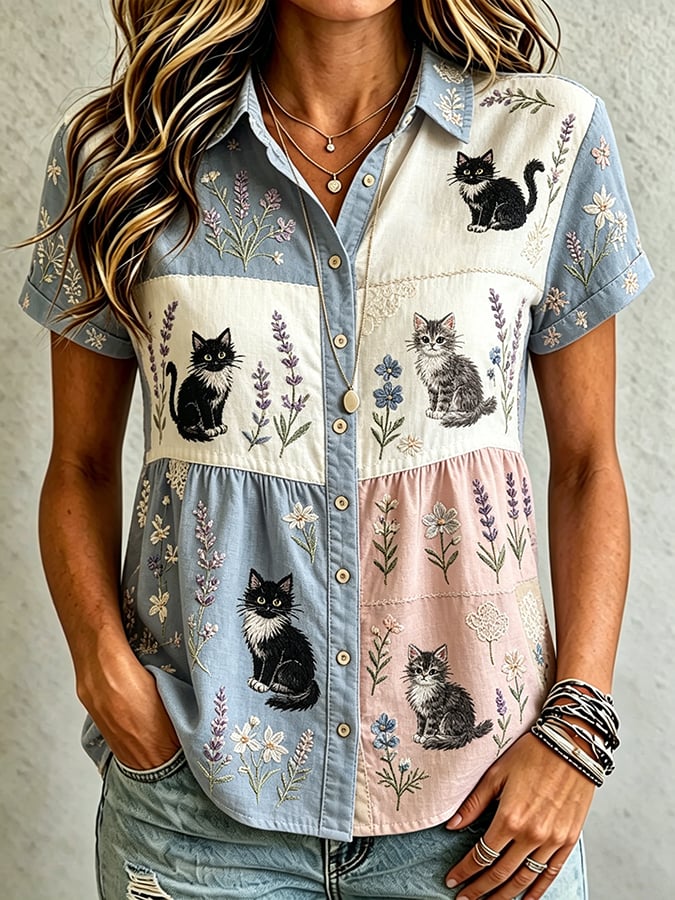 Women's Casual Cat Floral Print Shirt