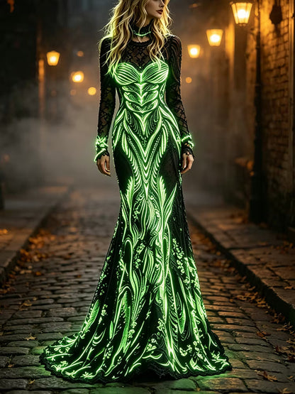 Women's Halloween Fluorescent Art Classic Velvet Round Neck Long Dress