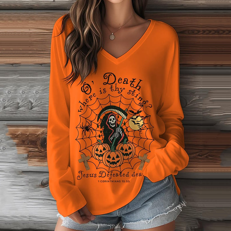 Women's Retro Halloween Faith Skull Pumpkin Print Casual V-neck Long Sleeve T-shirt