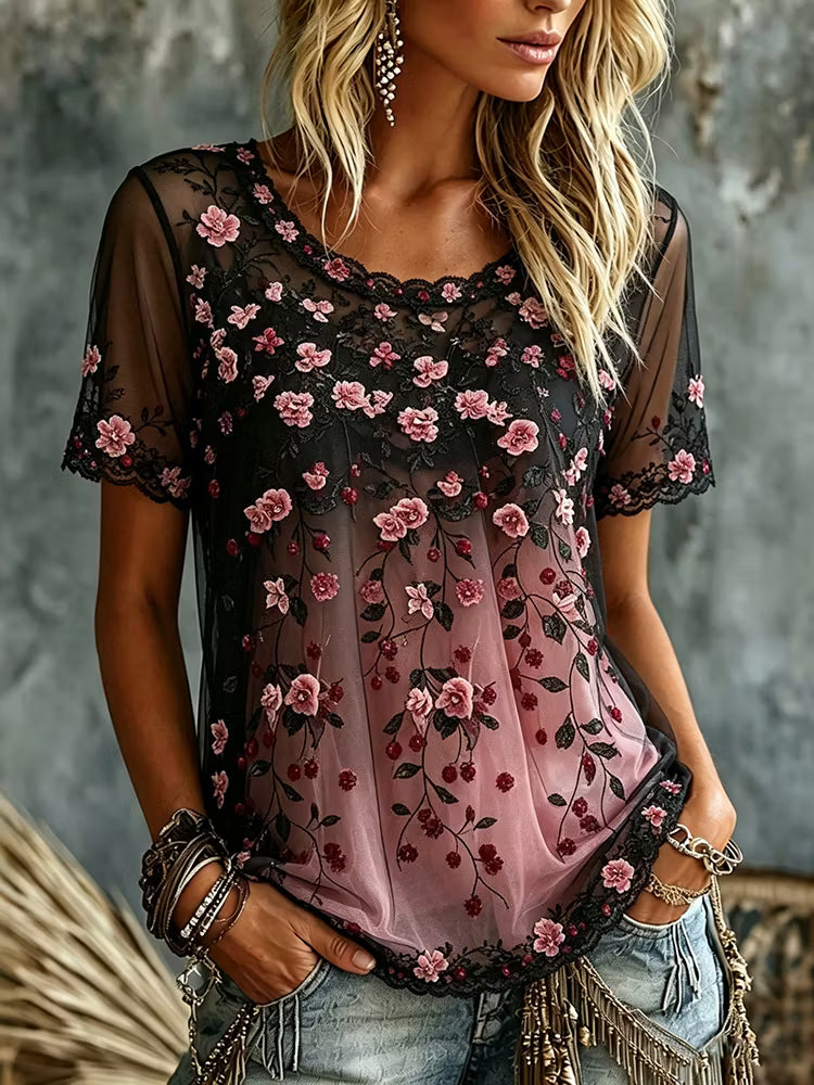 Women's Retro Floral Gradient Design Crew Neck Short Sleeve T-shirt