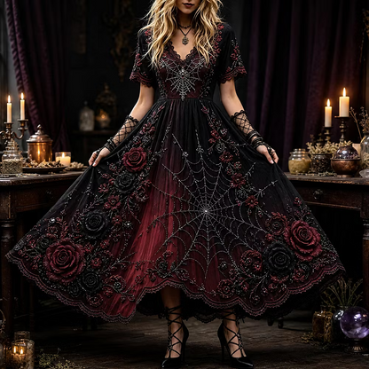 Women's Gothic V-neck Dress, Adorned With Red/black Roses And Spiderweb Patterns.