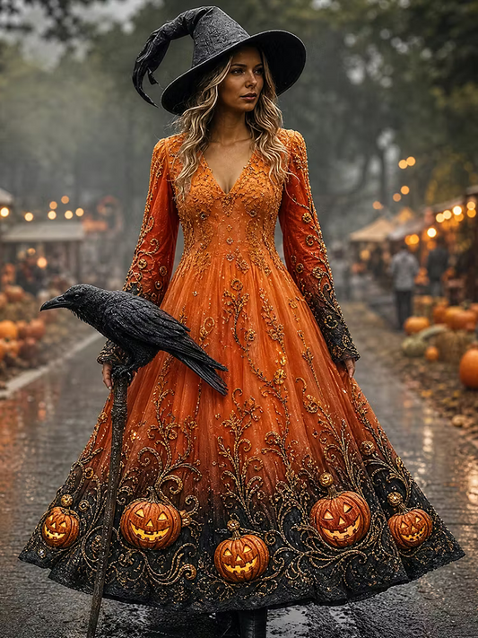 Women’s Pumpkin Embroidered Halloween Party Maxi Dress