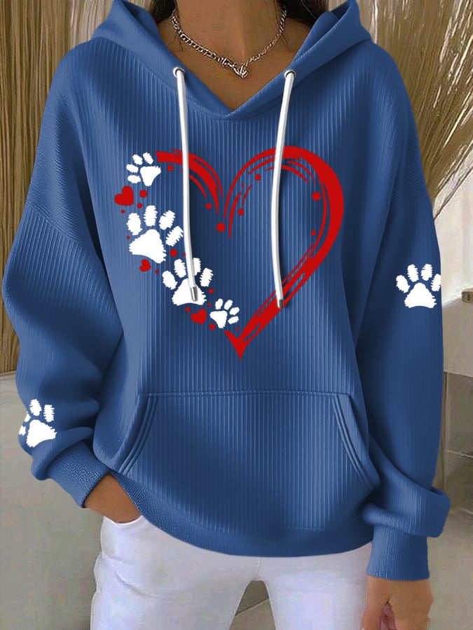Women's Heart Paw Print Casual Hoodie Sweatshirt