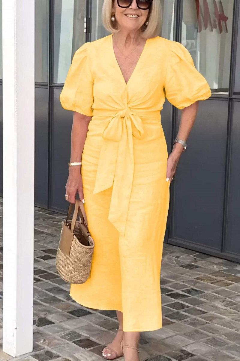 V-neck Tie-waist Puff Sleeve Cotton Dress