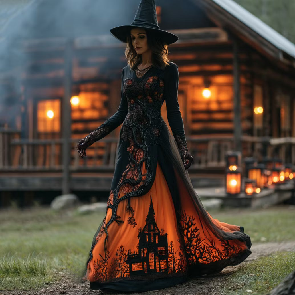 Women's Halloween Gradient Treehouse Design Witch V-neck Maxi Dress