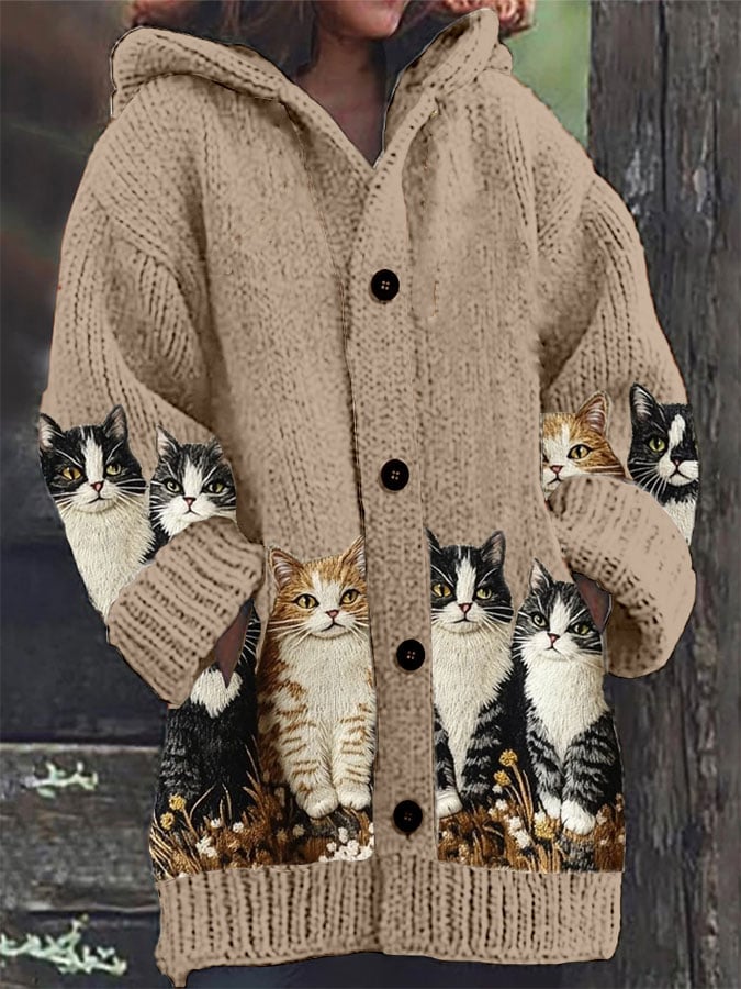Women's Retro Cat Print Sweater Jacket