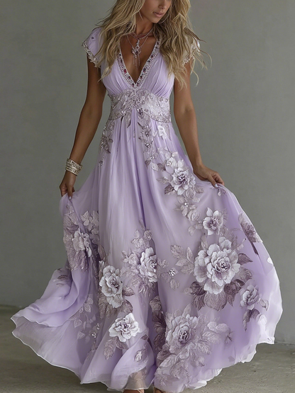Women's Vintage Boho Floral Art  Short-sleeved Maxi Dress