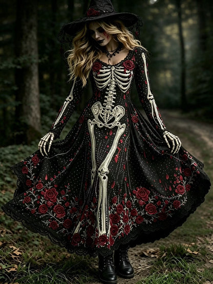 Women's Retro Halloween Style Skull, Rose, And Spiderweb Print Dress