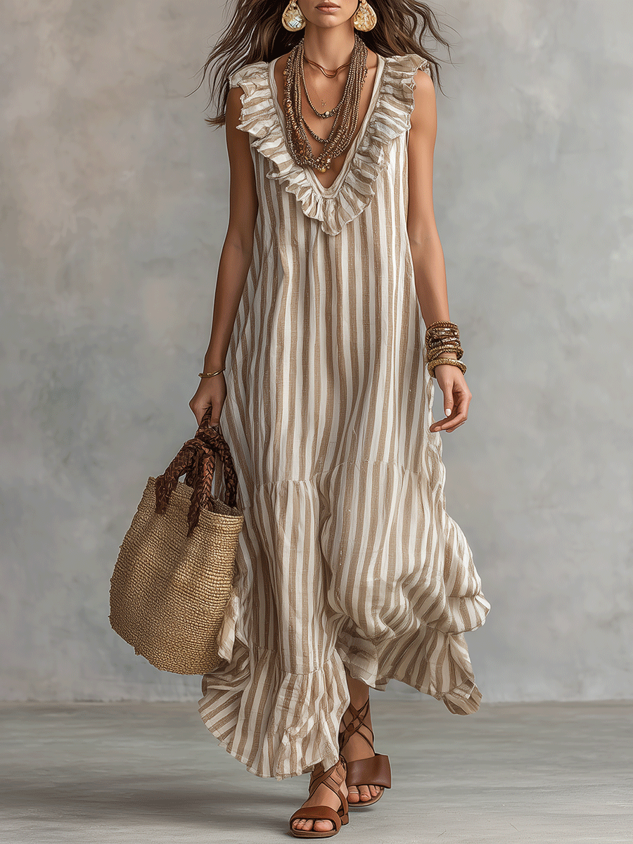Relaxed Bohemian Ruffle-Trim Striped Maxi Dress