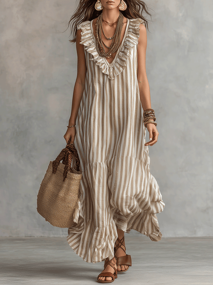 Relaxed Bohemian Ruffle-Trim Striped Maxi Dress