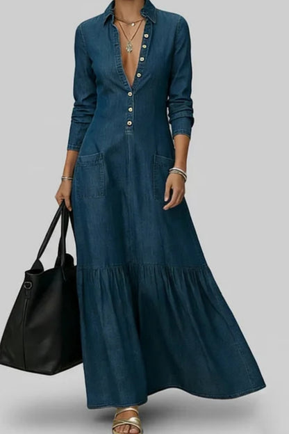 Women's Casual Shirt Collar Long Sleeve Pocket Single Breasted Denim Maxi Dress