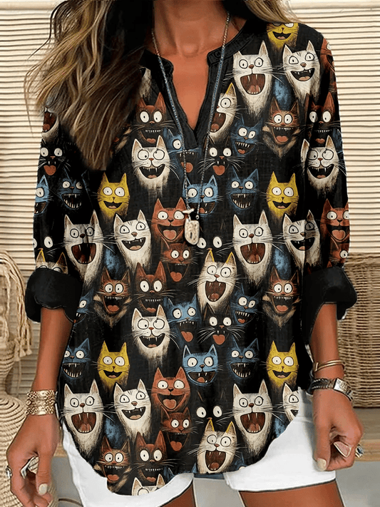 Women's Retro Animal Black Cat Contrast Print Casual Shirt