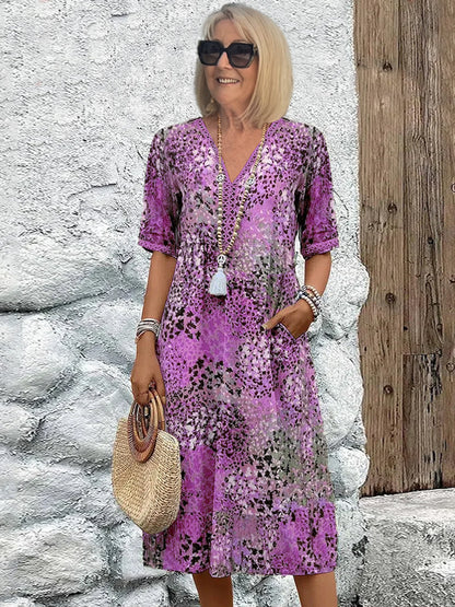 Women's Short Sleeve Summer Leopard Lace Dress V Neck Daily Going Out Casual Knee Length A-Line Khaki