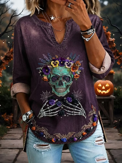 Women's Halloween Gothic Purple Skull, Skeleton Hand & Bat Print Top